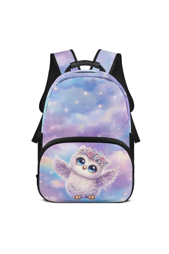 17 Inch Bookbag for Teen Girls, Polyester Fabric Front Zipper Pocket Waterproof School Backpack, Owl Flower Galaxy Print