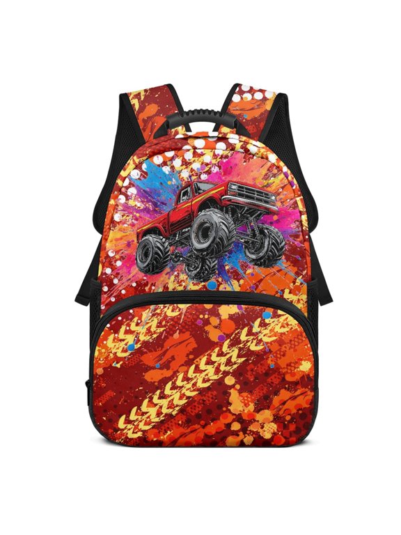 17 Inches Backpack for Teens, Polyester Durable Large Capacity Backpacks, Orange Sports Car Splatter Pattern