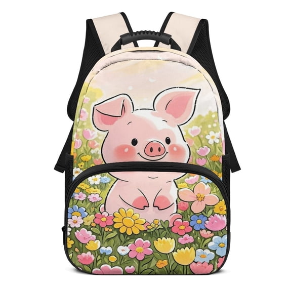 POLERO 17 Inches School Bag for Girls, Polyester Waterproof Large Capacity Bookbag, Pig In Floral Meadow