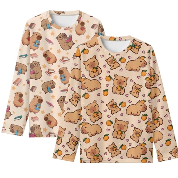 POLERO 2 Pack Capybara Girls Long Sleeve Shirts 11-12 Years Soft Crewneck Long-Sleeve Loose T-Shirts Cute Basic Tops Layering Tees