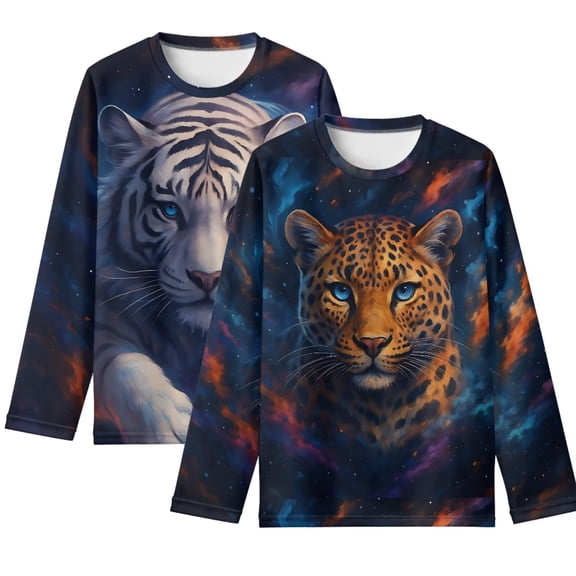 POLERO 2 Pack Long Sleeve Shirts for Boys 3-4 Years Leopard White Tiger Crew Neck Loose Tops Soft Comfortable T-Shirts Winter Clothing