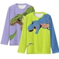 thumbnail image 1 of POLERO 2 Pack T-Rex Dinosaur Long Sleeve Shirts for Boy 7-8 Years Round Neck Lightweight Youth Undershirts Loose Kids Green Purple Tops Fall Basic Tee, 1 of 6
