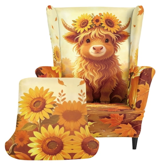 POLERO 2 Piece Stretch Wingback Chair Cover, Highland Cow Sunflower Pumpkin Spandex Washable Armchair Slipcover for Living Room Home
