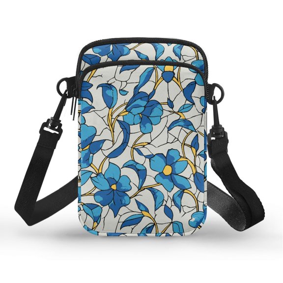 POLERO 2 Zippers Cell Phone Purse for Outdoor Hiking, Polyester Double-layer Crossbody Purse, Blue Floral Print