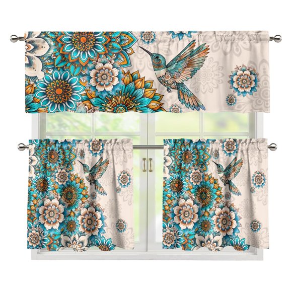 POLERO 3-Piece Curtain and Valances Set, Hummingbird Durable Kitchen Curtain Valance and Tiers Set for Bathroom