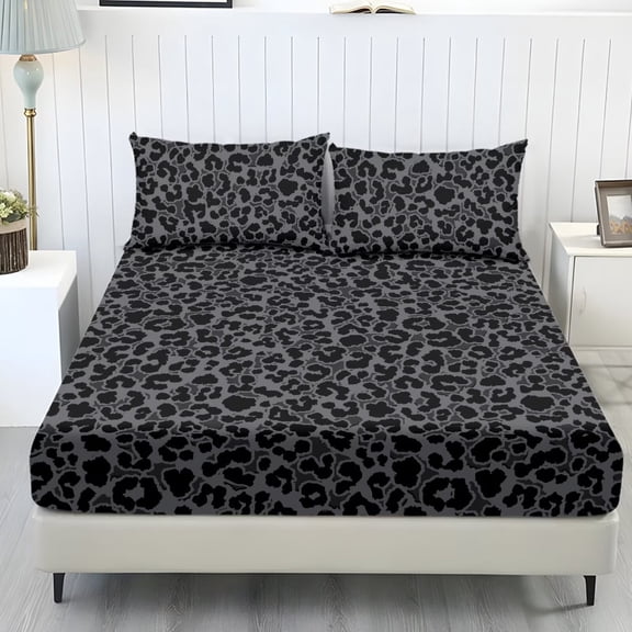 POLERO 3 Piece Gray Leopard Print Sheets Set Twin Size Bedding Decor Bed Sheet Set Comfy Non-Slip 1 Bedsheet & 2 Pillowcases with All Around Elastic Stay in Place