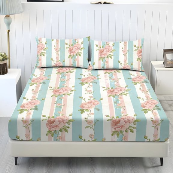 POLERO 3-Piece Pink Rose Twin Size Sheet & Pillowcases Set Wrinkle Resistant Blue Stripe Fitted Sheets Fade Resistant Cozy Fitted Sheet Soft Washable for All-Season Bedding