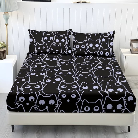 POLERO 3 Piece Sheet Set for Twin Size Beds Non-Fading Cartoon Cat Print Bed Sheets Fitted Sheet with 9.8 Inches Standard Pocket and 2 Pillowcases Bedding Decor Sets