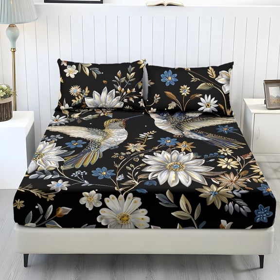 POLERO 3 Piece Sheets Set King Size Bedding Decor Fitted Sheet Set Comfy Stretch Soft 2 Pillowcases and 1 Bedsheet with Standard Pocket 9.8 Inches,Retro Hummingbird Daisy
