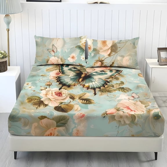 POLERO 3-Piece Twin Size Sheet Set Soft Breathable Polyester Bedding Fitted Sheet with 2 Pillowcases Stretch Bedroom Bedding for All-Season Use,Retro Butterfly Peony