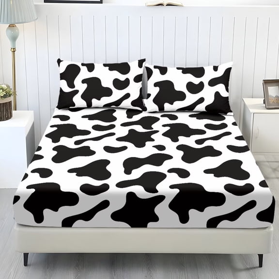 POLERO 3Pcs King Size Bed Sheet Set Soft Cooling Elastic Bedding Set with Fitted Sheet & Pillowcases Breathable Wrinkle Resistant Sheets Set Bedroom All-Season Bedding,Cow Print