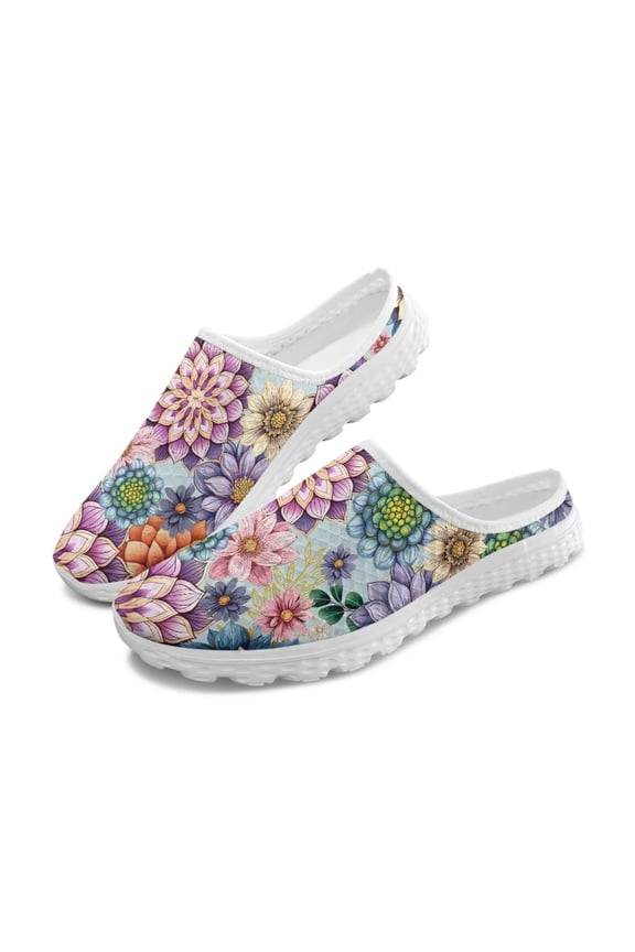 70S Shoes for Women,Abstract Hippie Flowers Mules Lightweight Low Top Casual Walking Shoes Classic Comfort Flat Slip-On Loafers for Business Work