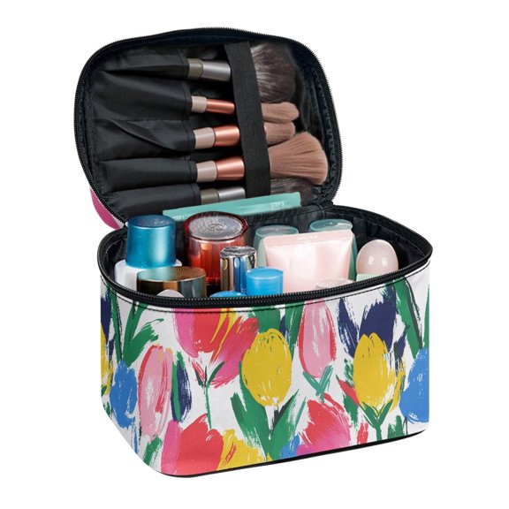 POLERO Abstract Tulip Print Toiletry Bag for Travel, Polyester Fabric Cosmetic Bag with Portable Handy Makeup Skincare Organizer for Women