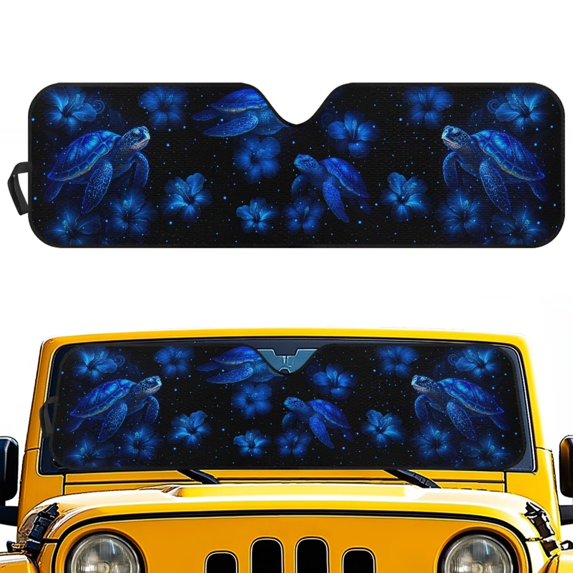 POLERO Accordion Car Windshield Sun Shade, Blue Sea Turtle Hibiscus Car Sun Visor to Protect UV Rays, Foldable Automotive Windshield Sunshades Keep Your Vehicle Cool & Comfort - 52.95" x 16.14"