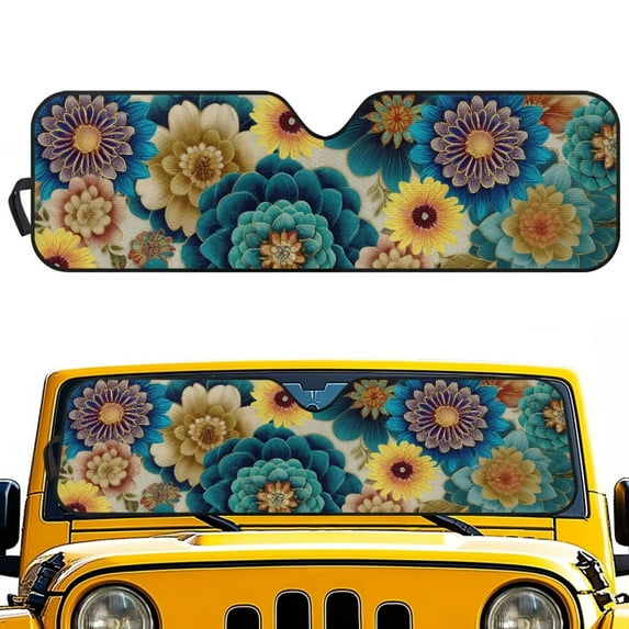 POLERO Accordion Car Windshield Sun Shade, Colorful Mandala Flower Car Sun Visor to Protect UV Rays, Foldable Automotive Windshield Sunshades Keep Your Vehicle Cool & Comfort - 52.95" x 16.14"