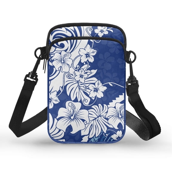 POLERO Adjustable Strap Cell Phone Purse for Running Shop, Polyester Casual Crossbody Bag, Blue White Hibiscus Print