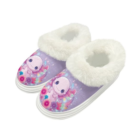 POLERO Adorable Axolotl Floral Print Fuzzy Slippers for Women Indoor Non-slip Thick Sole Winter House Slippers Home Shoes Gift for Women, Size 9-10