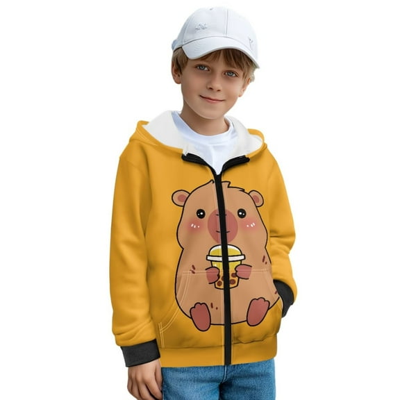 POLERO Adorable Capybara Print Full Zip Hoodie Oversized Boys Cute Winter Jackets with Pockets Casual Long Sleeve Sweatshirts for Boys, Size L