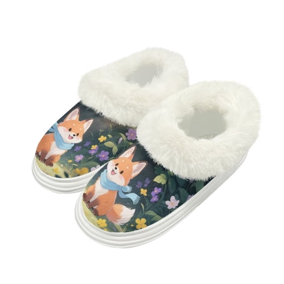 POLERO Adorable Fox Print Cozy Slippers for Women with Anti-Skid Thick Sole Memory Foam Fuzzy House Shoes, Size 4-5