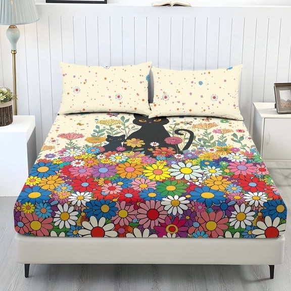 POLERO Aesthetic Flower Black Cats Sheet Set of 3,Fitted Sheet and Pillowcase Cartoon Cat Bedding Cover Cooling Comfort Bed Sheets for Child Boy Girl,Easy Care Wrinkle Resistant BEdding Cover,Queen