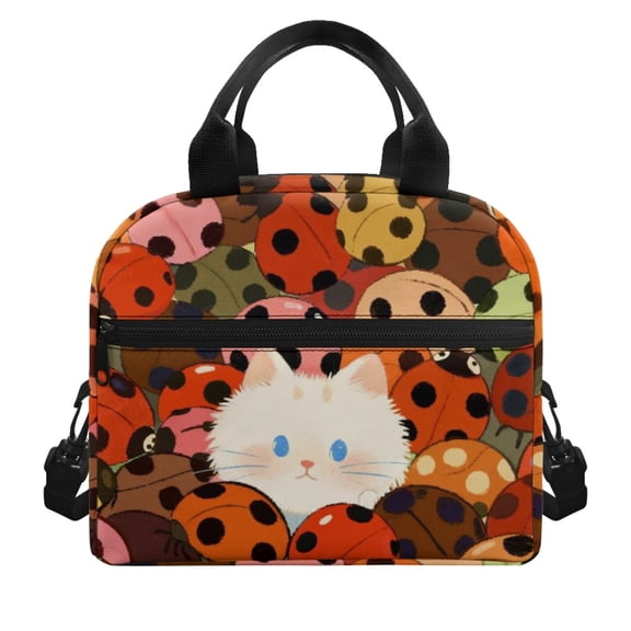 POLERO Aluminum Film Durable Lunch Bag for Camping School, Washable Removable Shoulder Strap Insulated Lunch Bag, Ladybug and Cat Pattern