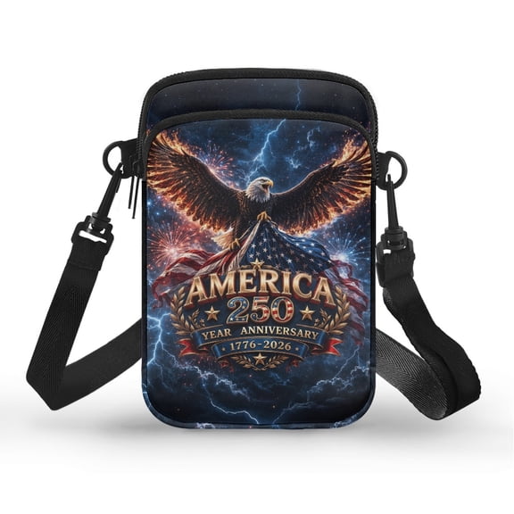 POLERO America 250 Anniversary Eagle Zipper Mini Crossbody Messenger Bag for Running Travel, with Crossbody Strap 2 Zippers Cell Phone Purse