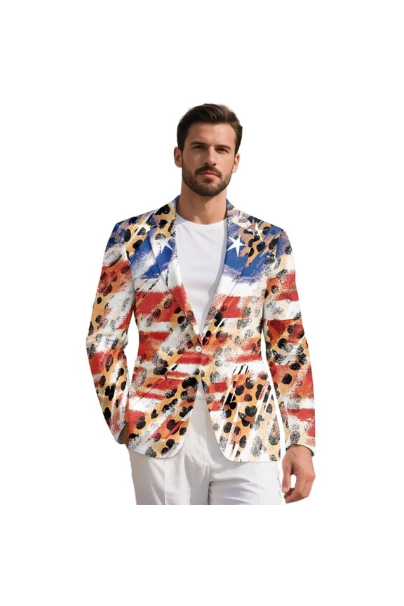 American Flag Leopard Print Mens Casual Suit Blazer Lightweight Sport Coats Independence Day 4th of July Suit Jacket for Dinner,Prom,Party