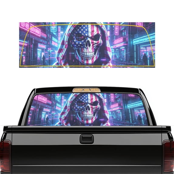 POLERO American Flag Skull Rear Window Decals 66.9 x 22.4 Inches, Vinyl Truck Decals Waterproof, Quick Install for Most Pickup Trucks and Car Owners