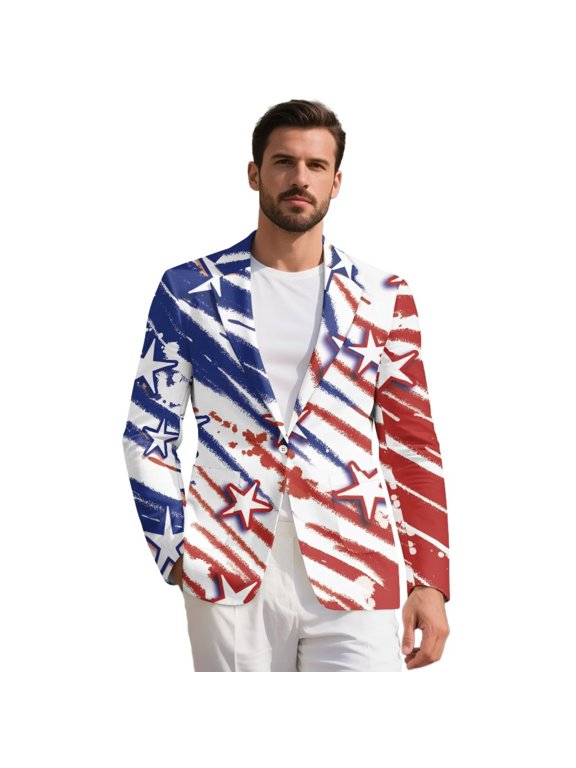 American Flag Star One Button Suit Jacket for Men Casual Long Sleeve Suit Jacket Notched Lapel Patriotic Sportcoat Open Front Blazer for Independence Day