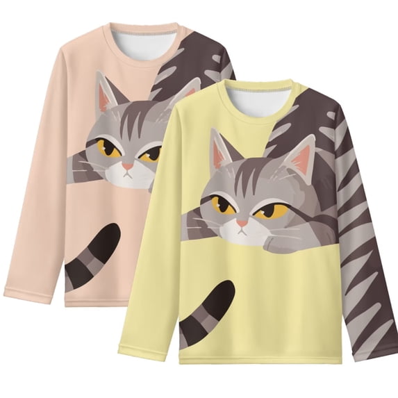 POLERO American Shorthair Cat Girls Long Sleeve Shirts 2 Pack Yellow Casual Lightweight Layering Tops 13-14 Years Slim Fit Crewneck Casual Undershirts