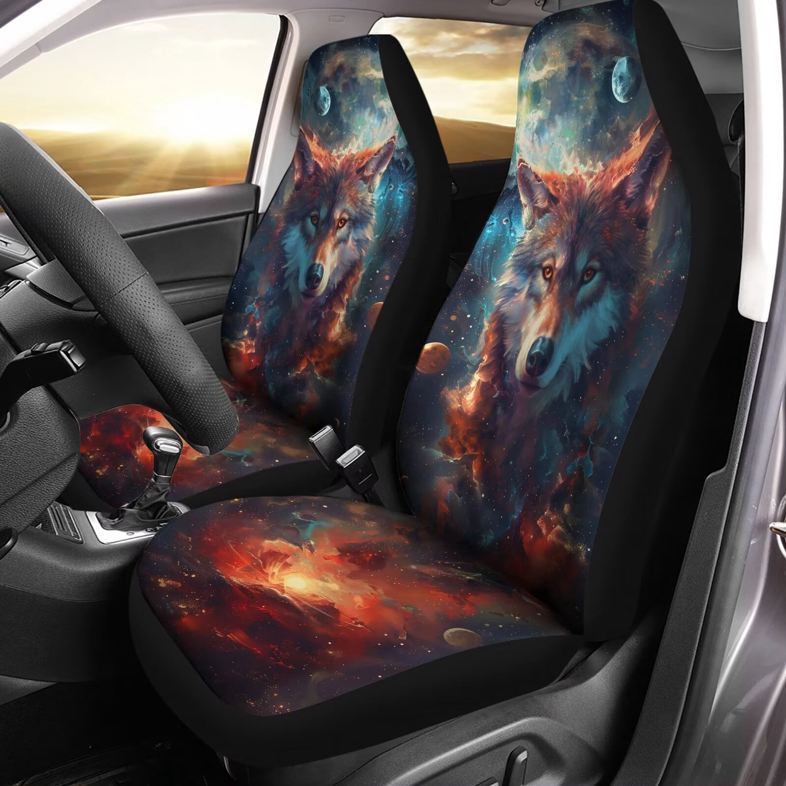View of POLERO Automobile Seat Cover Sets, Universe Galaxy Wolf Print Car ...
