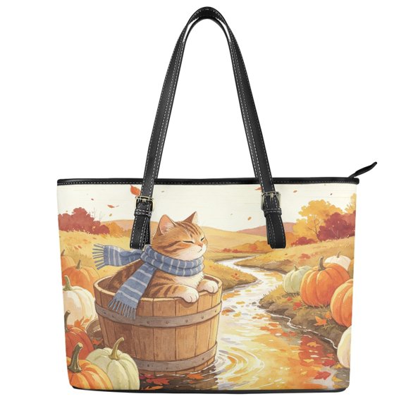 POLERO Autumn Cat In Tub Print Handbag, Leather Tote Bag for Shopping, Large Capacity Practicality Saddle Handbag