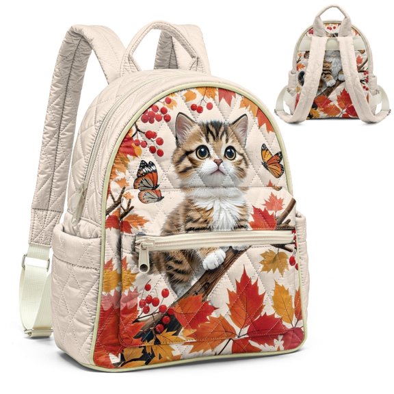 POLERO Autumn Kitten Maple Leaf Adjustable Shoulder Strap Backpack Purse for College, Casual Backpack Polyester Portable Backpack with Lightweight