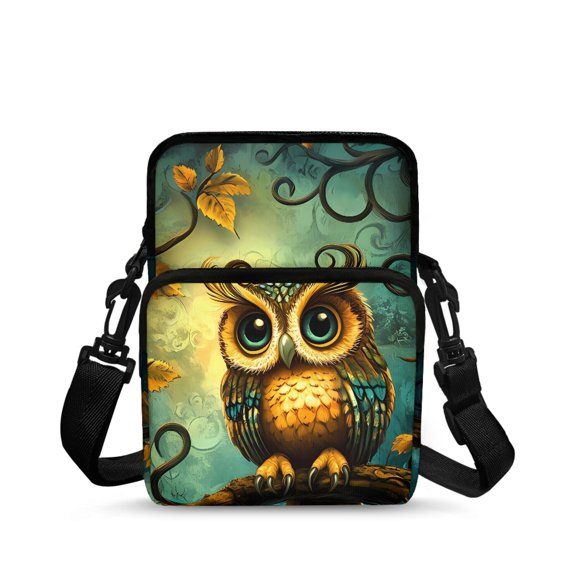 POLERO Autumn Owl Leaf Pattern Portable Cell Phone Messenger Bag, Polyester Crossbody Purse Lightweight Crossbody Bag for Running Travel