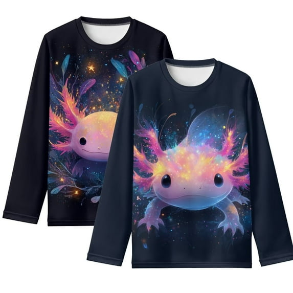 POLERO Axolotl Boy Long Sleeve Shirts 2 Pack Round Neck Tops Casual Lightweight T-Shirts Trendy Pullover Tees for Kids 11-12 Years