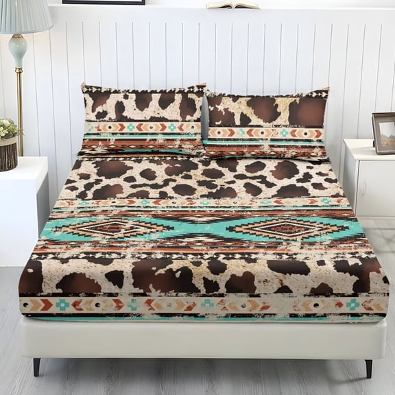 POLERO Aztec Twin Size Fitted Sheets Set of 3 Non Slip Wrinkle Resistant Brown Cow Print Bedding Sheets & Pillowcases Breathable Cozy Bed Sheet Set for Home RV Decor Accessories