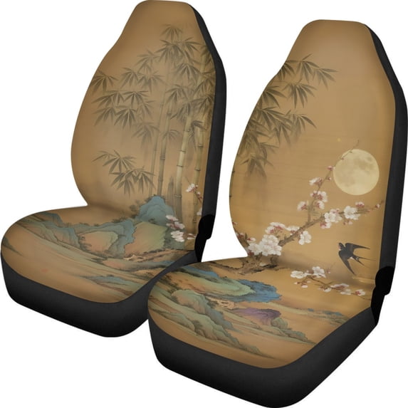 POLERO Bamboo Swallow Moon Design Stretchy Front Seat Cover for Automotive Interior, Polyester Non-Slip Vehicle Seat Covers Car