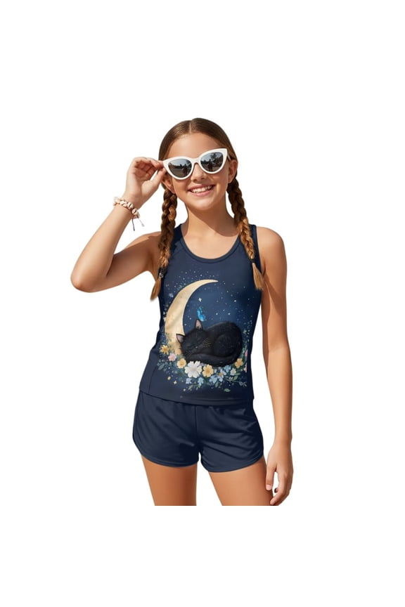 Bathing Suits for Girls Size 6-15 Black Cat Floral Moon Print Swimsuits Beach Two Piece Tankini Swimwear