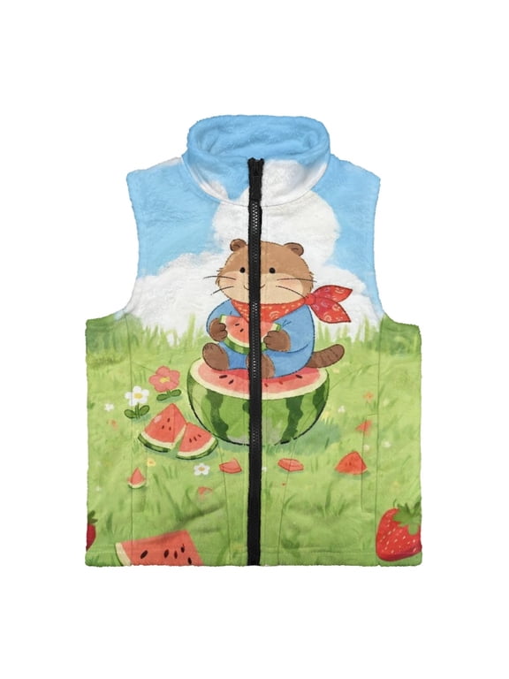 Beaver Watermelon Print With Pockets Kids Zip Up Vest, Polyester Sleeveless Fleece Jacket Lightweight Sleeveless Jackets Coats for Winter Hunting Fall