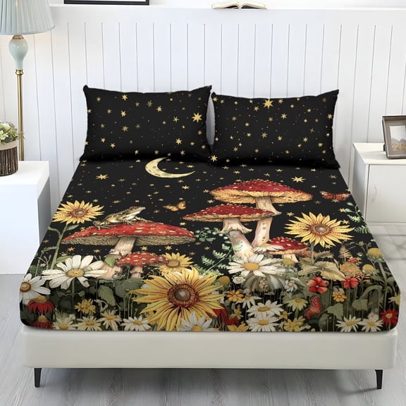 POLERO Bedding Sheets Twin Size Stretchable 3-Piece Fitted Sheet Set with Pillowcase Non-Slip Comfy Soft Bed Fitted Sheets for Year-Round Use,Mushroom Sunflower Moon