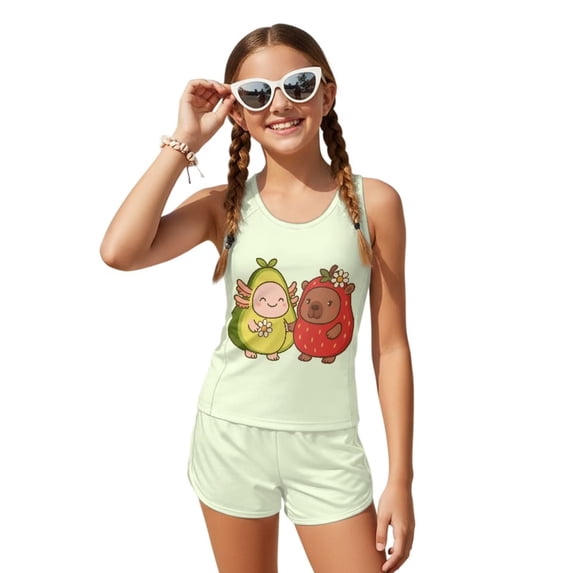 POLERO Big Girls Bathing Suits Tankini Two Piece with Boyshorts Removable Bra Pads Capybara Axolotl Print Summer Swimwear