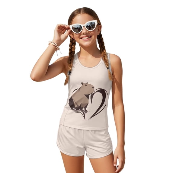POLERO Big Girls Tankini Bathing Suit Two Piece with Boyshorts Removable Bra Pads Capybara Heart Print Sun Protection Beach