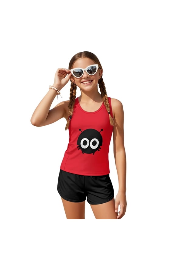 Big Girls Two Piece Swimsuits Boyshort Tankini Bathing Suits Cartoon Ladybug Print Sleeveless Swimwear