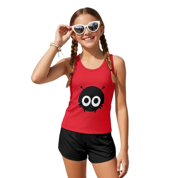 POLERO Big Girls Two Piece Swimsuits Boyshort Tankini Bathing Suits Cartoon Ladybug Print Sleeveless Swimwear