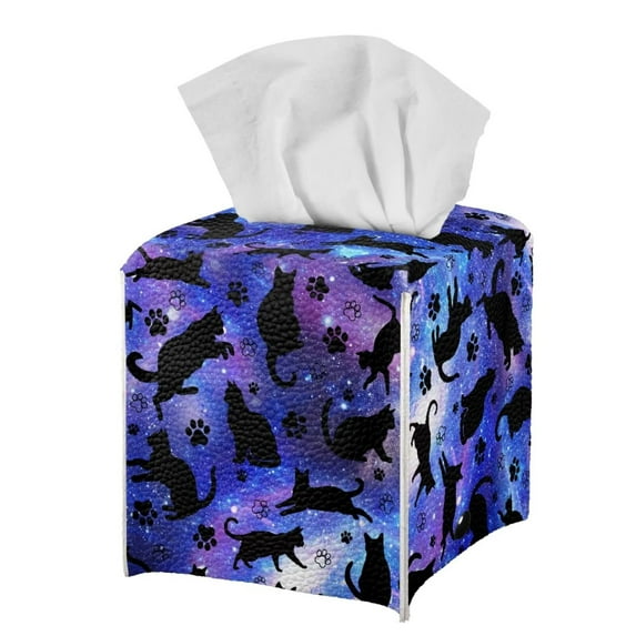 POLERO Black Cat Galaxy Tissue Box Cover Square, Waterproof PU Leather Car Tissue Holder Facial Napkin Organizer Fashion Decorative on Table and Bathroom, Office