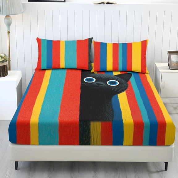 POLERO Black Cat Rainbow Bedding Fitted Sheet Twin Size Soft Stretch Sheets Set 3 Pieces Breathable Non-Slip Fitted Sheet and 2 Pillowcases Ideal for Comfy Sleep