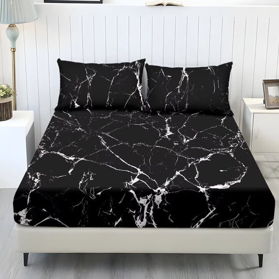 POLERO Black Marble Queen Size Sheets Set Cooling Elastic Bed Sheets 3Pieces Easy Install Fitted Sheet and 2 Pillowcases with Standard Pocket 9.8 Inch Wrinkle Resistant