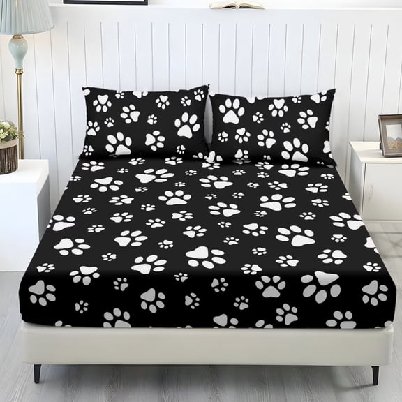 POLERO Black White Dog Paw Fitted Bedding Queen Sheets Set 3 Piece Bed Sheet Include 1 Fitted Sheet and 2 Pillowcases Soft Breathable Bedding Cover Bedroom Set for Kids Adult,Twin