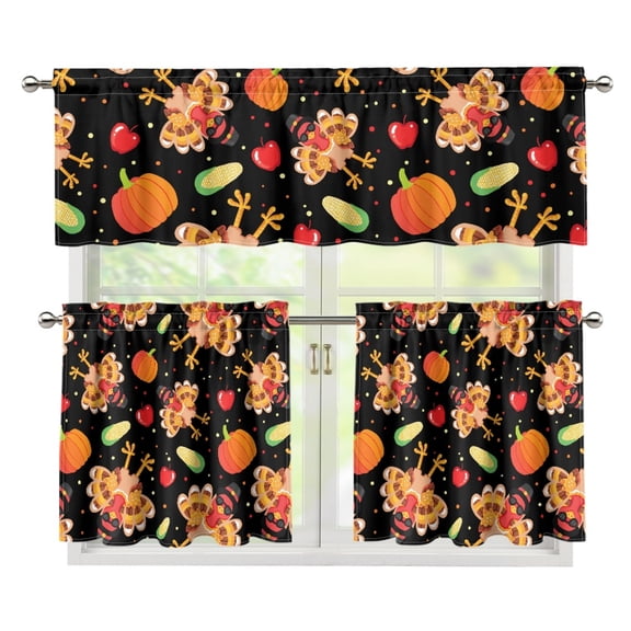 POLERO Blackout Kitchen Curtains and Valances Set for Bathroom, 3-Piece Polyester Kitchen Curtain Valance and Tiers Set Thanksgiving Turkey Pattern