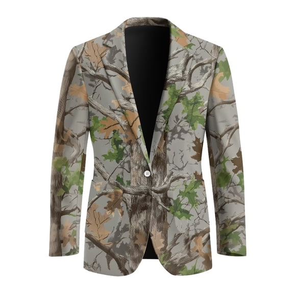 POLERO Blazers for Men Camo Hunting Tree Leaf Lightweight Regular Fit Long Sleeve Jacket Open Front Suit Jacket with 2 Side Pockets Slim Fit Sportcoat,S